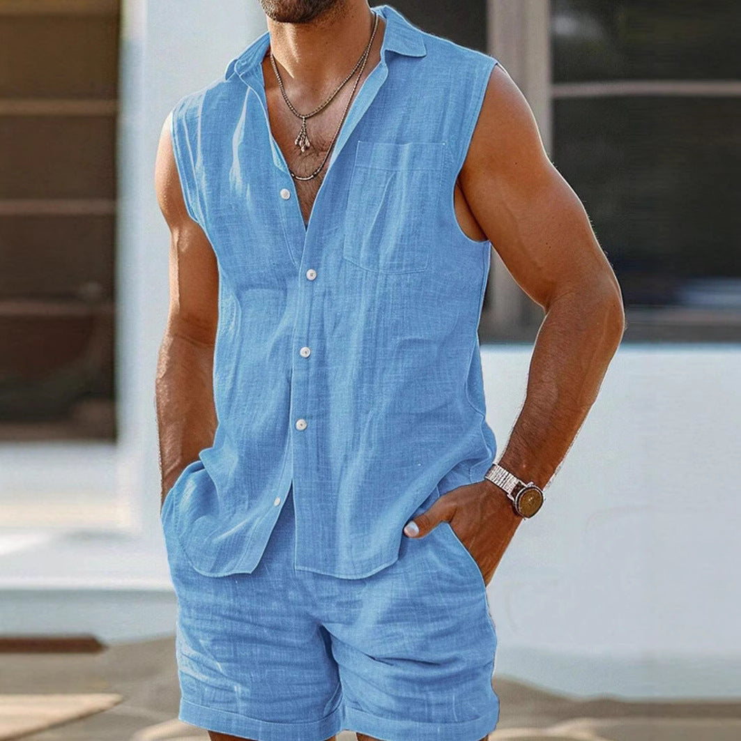 Men's Cotton-Linen Vest – Open-Front Stand Collar