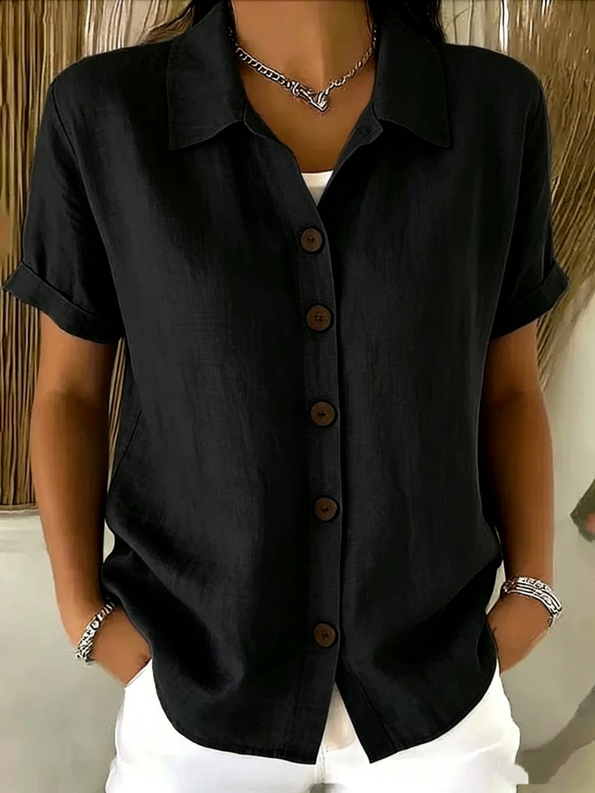 Women's Linen-Blend Shirt – Short Sleeve Button Front