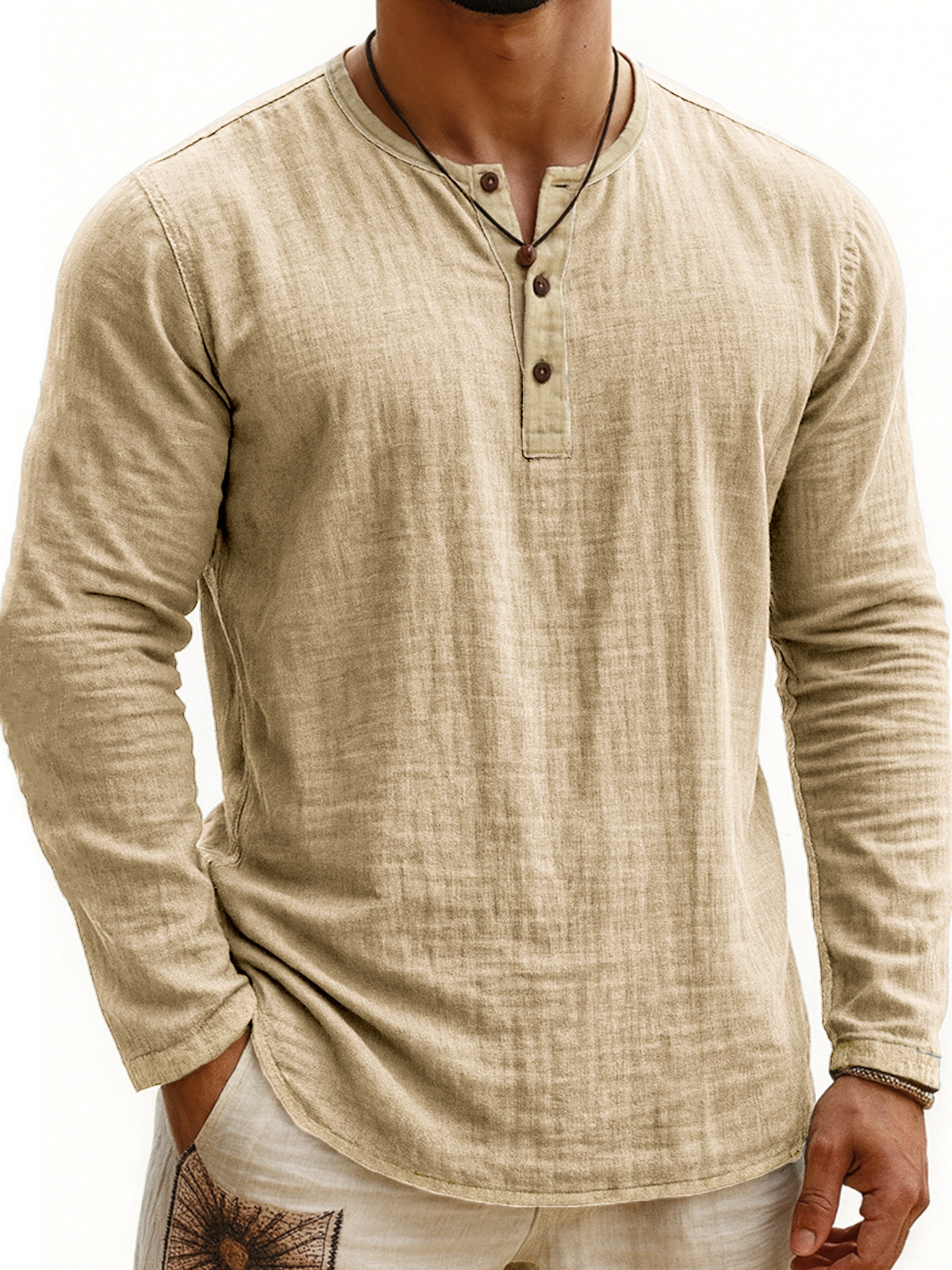 Men's Long Sleeve Henley Shirt – Slim Three-Button Placket
