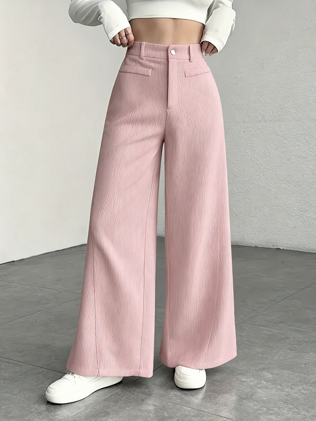 Women's High-Waisted Wide-Leg Pants – Fine Vertical Stripe