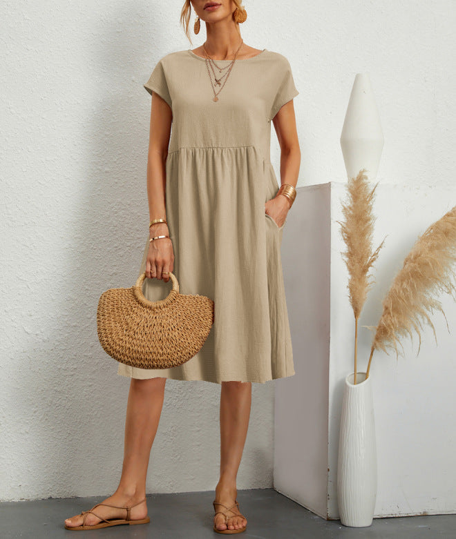 Women's A-Line Midi Dress – Short Sleeve with Pockets