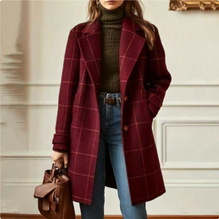 Women's Plaid Coat – Relaxed Fit with Lapels