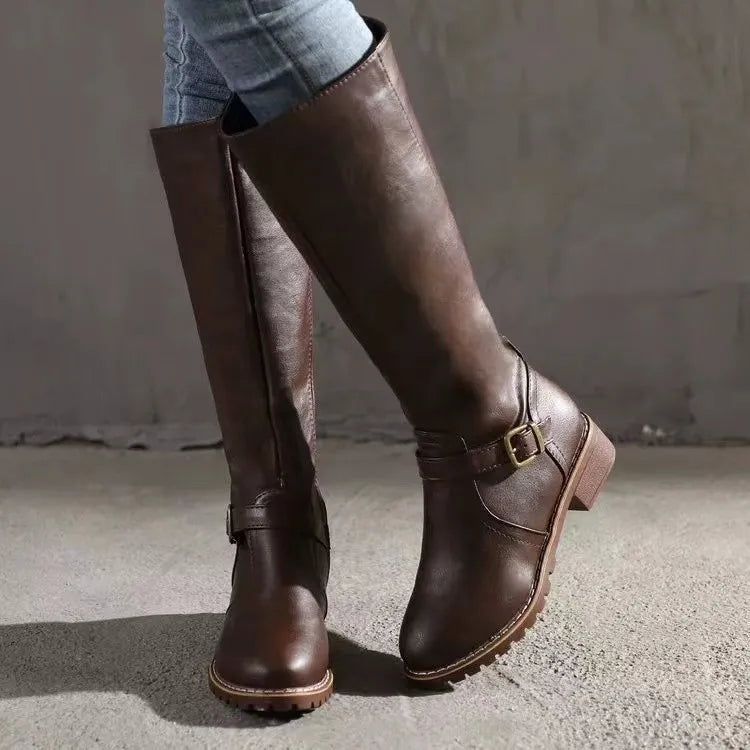 Women's Block Heel Boots – Mid-Calf Strap Detail