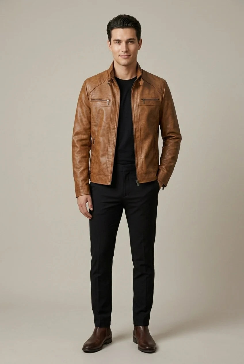 Men's Faux Leather Jacket – Stand Collar Zip Front