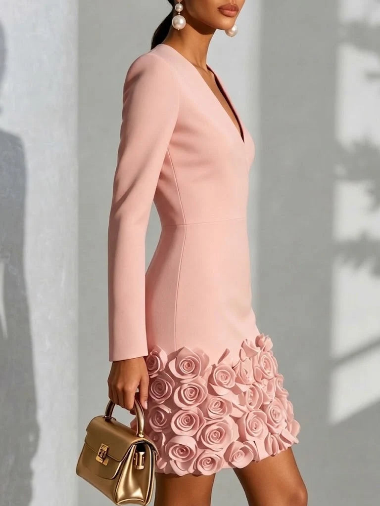 Women's Bodycon Dress – 3D Floral V-Neck