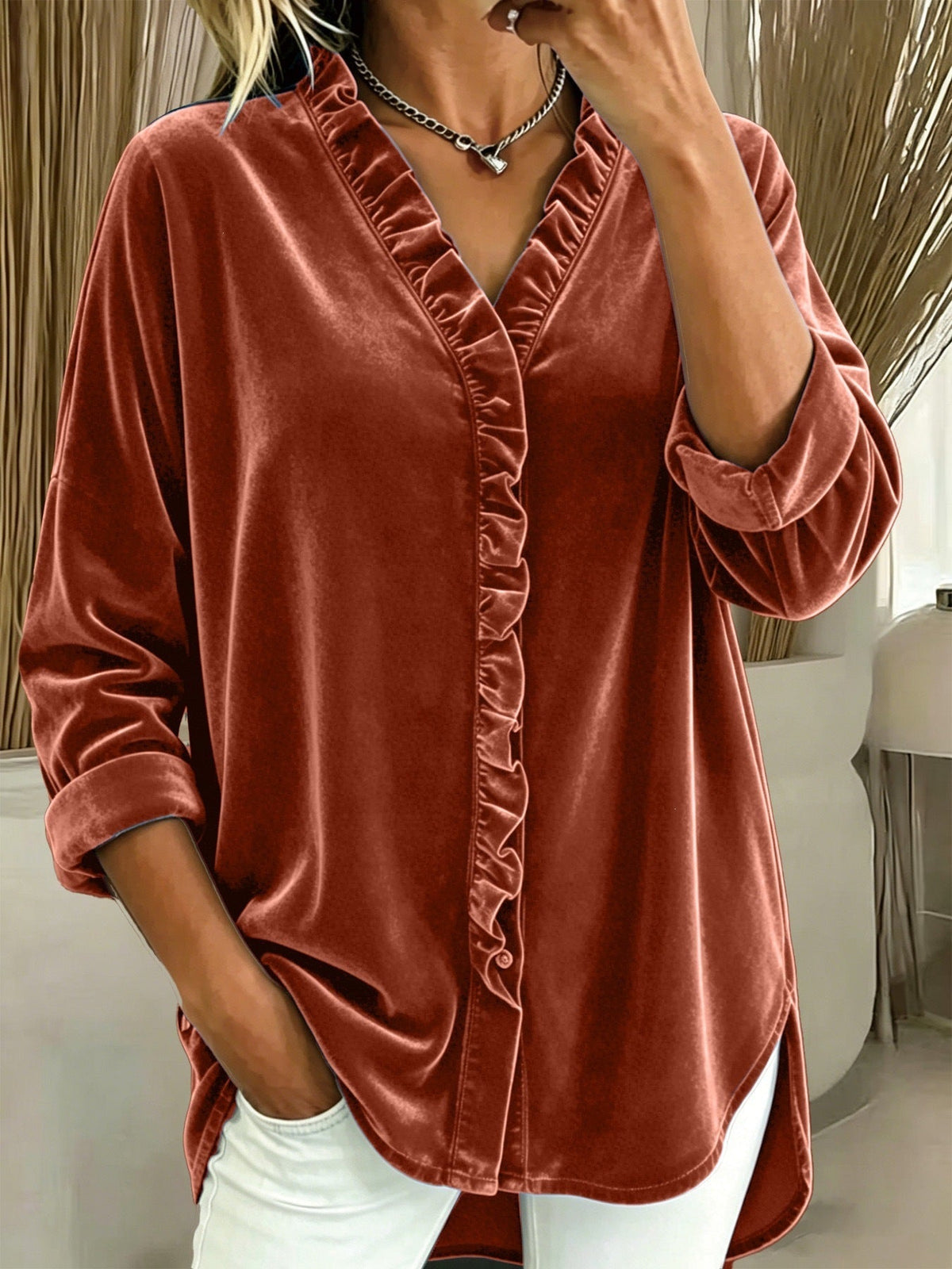 Women's Ruffle Collar Blouse – V-Neck Long Sleeve