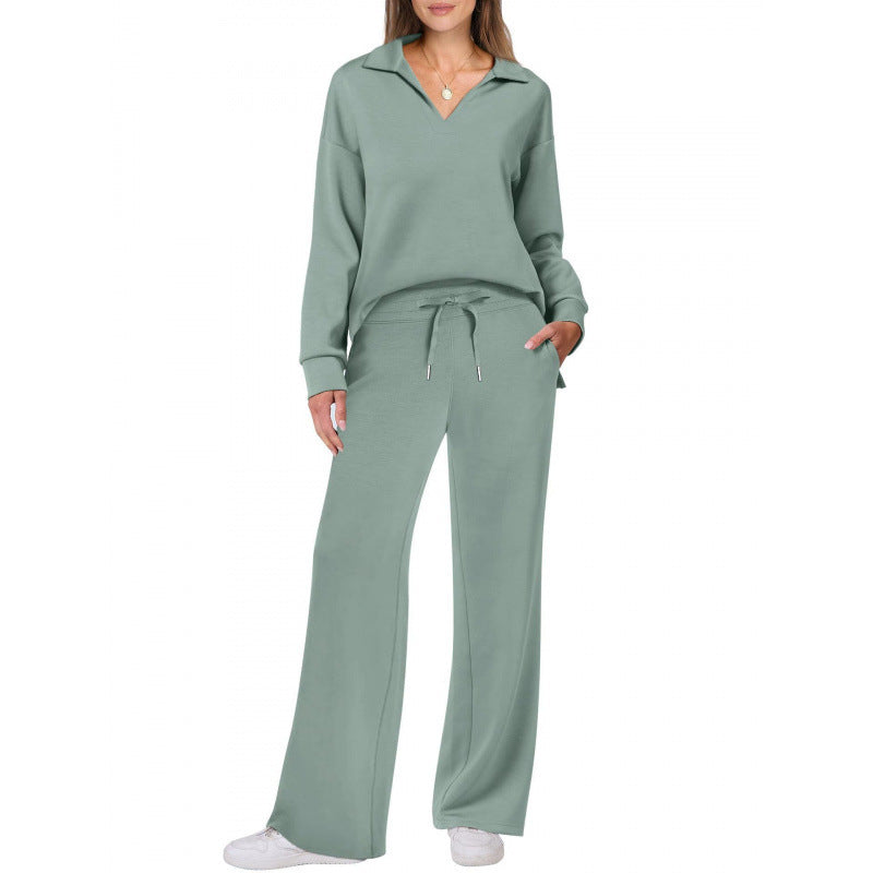 Women's Two-Piece Set – V-Neck Top and Straight Pants