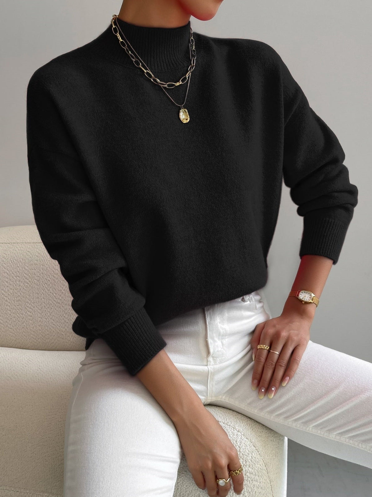 Women's Cashmere-Blend Sweater – Mock Neck Fine Knit