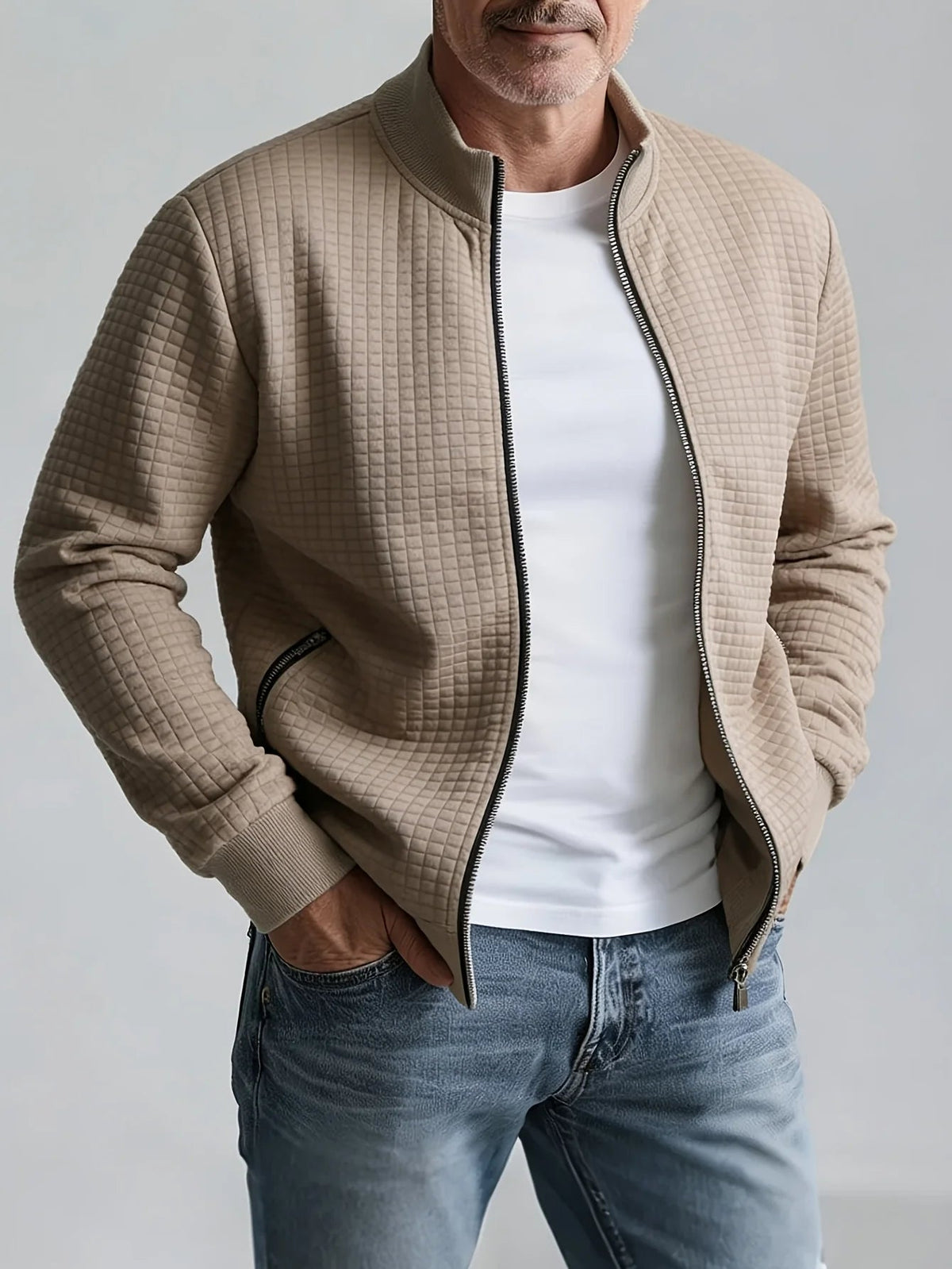 Men's Jacquard Zip-Up Jacket – Stand Collar Sporty Fit