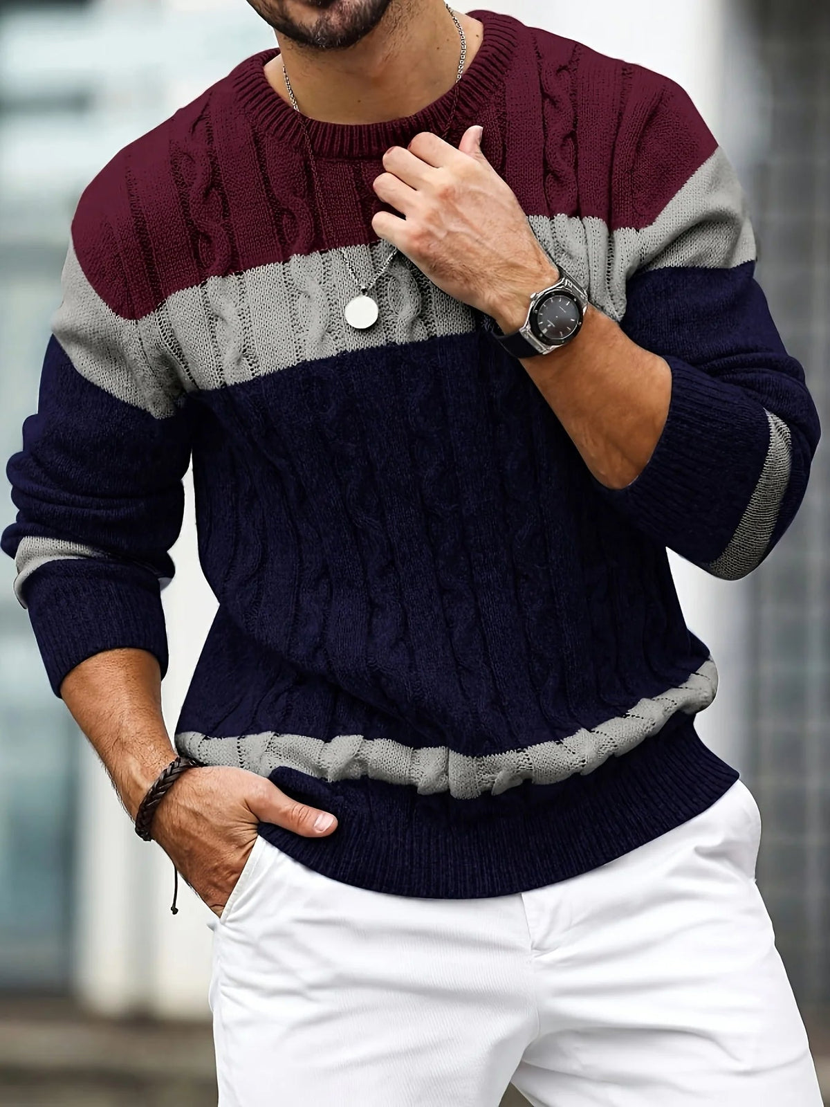 Men's Color Block Knit Sweater – Relaxed Crew Neck