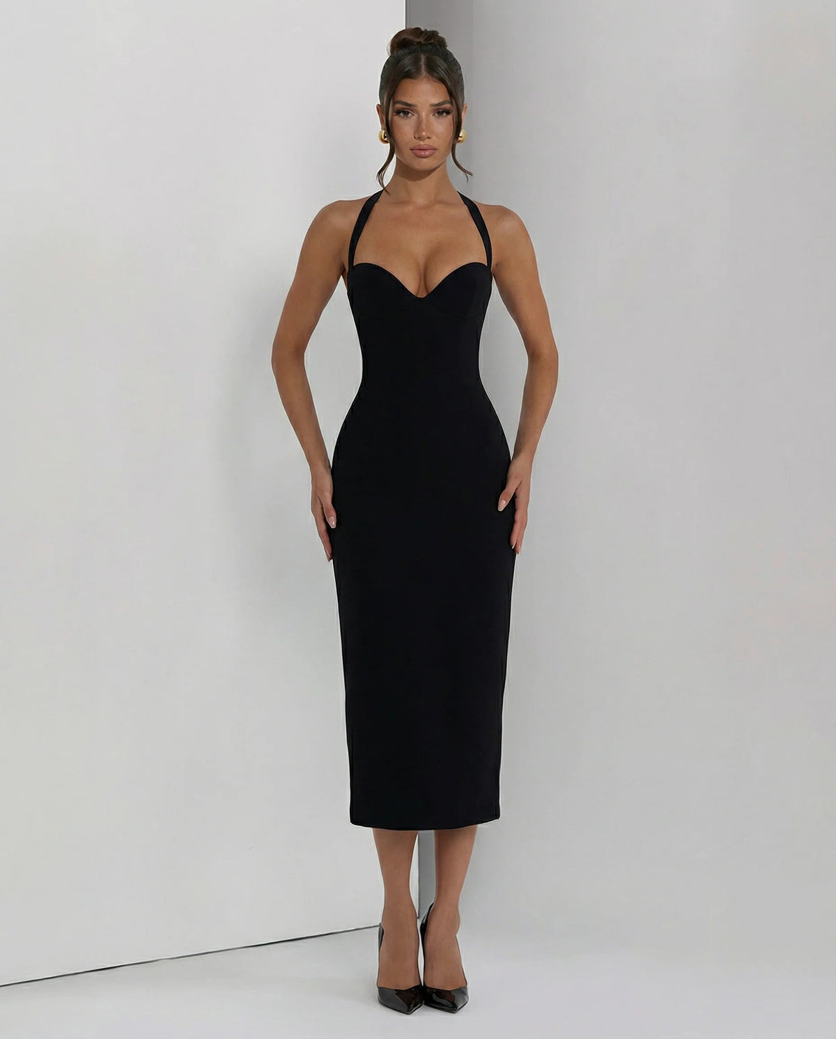 Women's Halter Midi Dress – Structured Back-Slit Cut