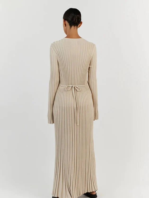 Women's Ribbed Knit Maxi Dress – A-Line Long Sleeve