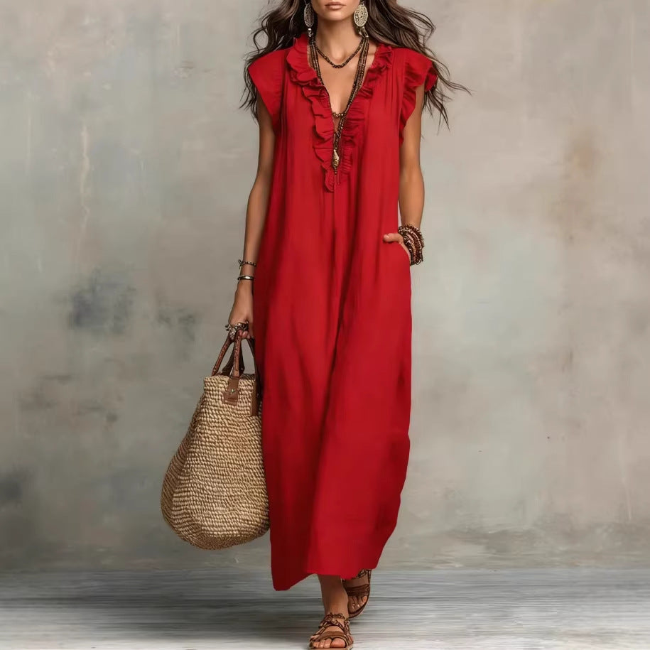 Women's Sleeveless Maxi Dress – Ruffle Trim with Pockets