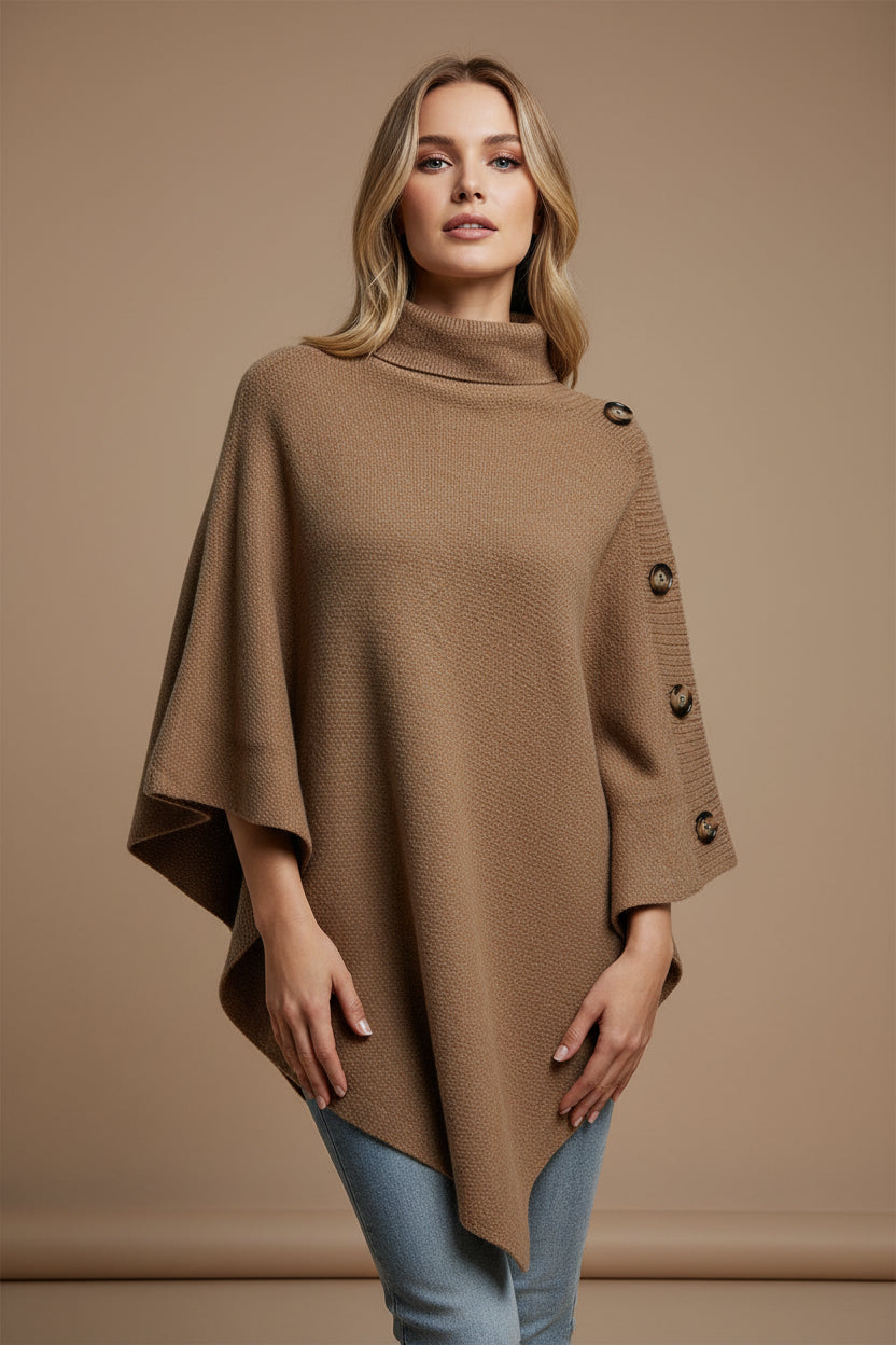 Women's Cape Sweater – Turtleneck Button Sleeve