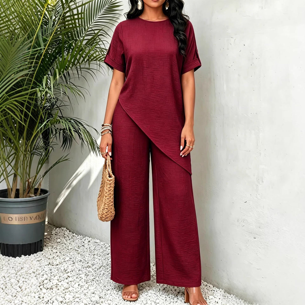Women's Two-Piece Set – Longline Top and Wide-Leg Pants