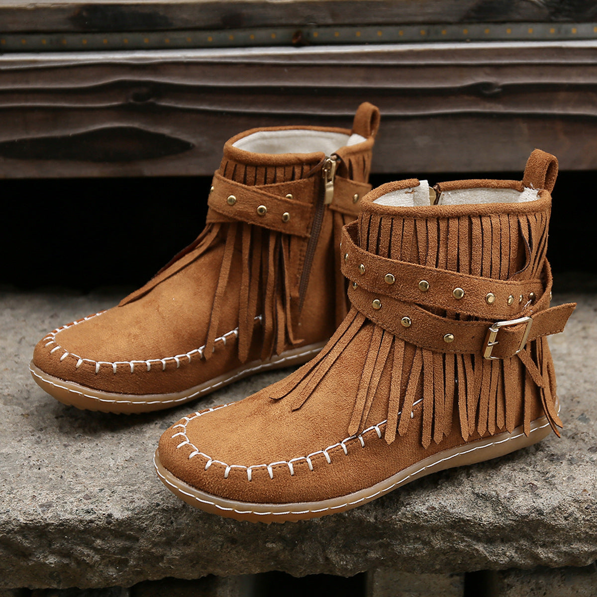 Women's Suede Ankle Boot – Fringe Trim Flat Heel