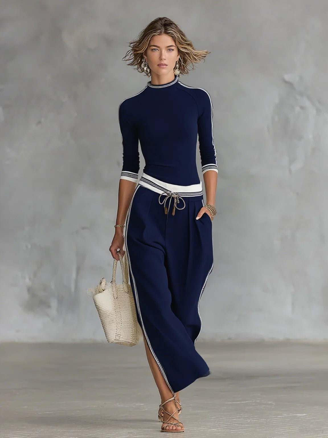 Women's Two-Piece Set – Contrast Trim Wide-Leg