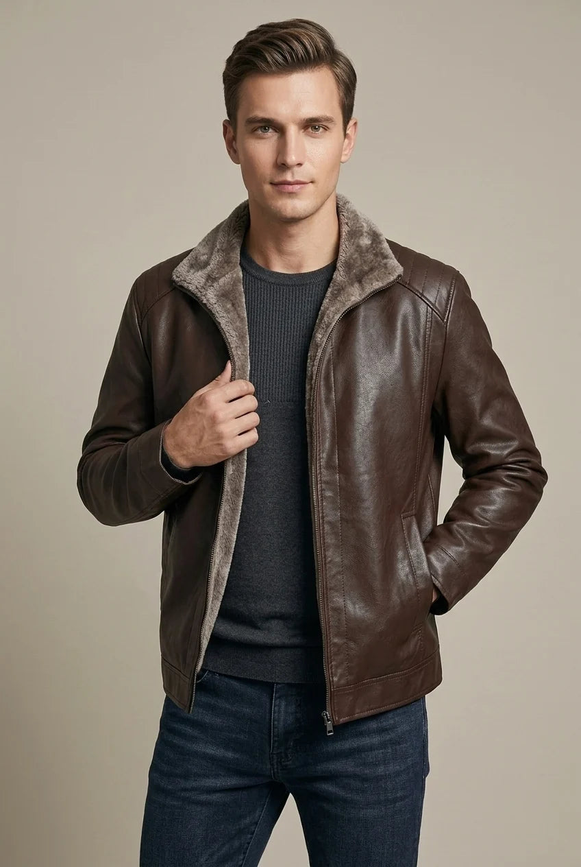 Men's Leather Jacket – Fleece-Lined Relaxed Fit