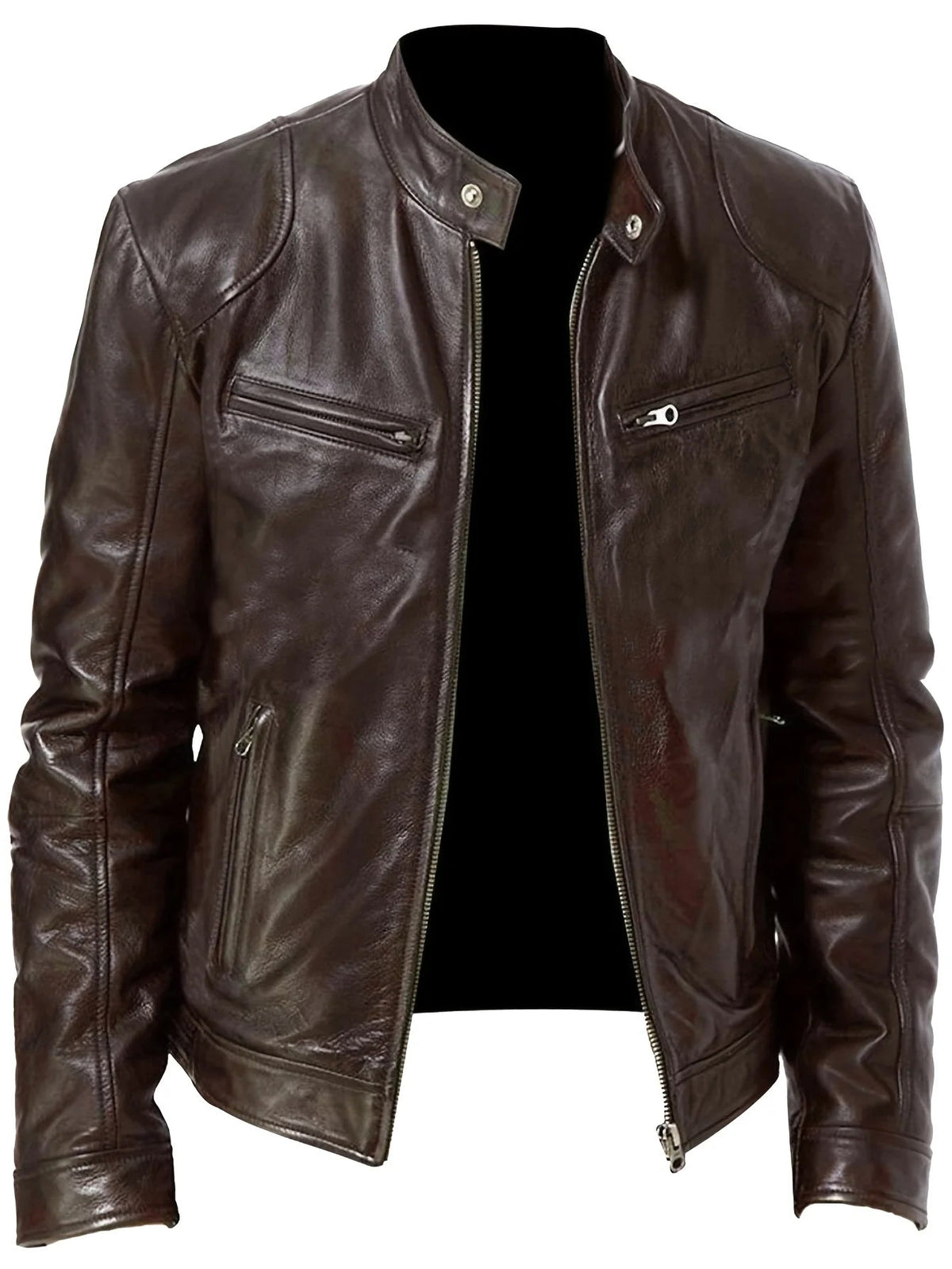 Men's Stand Collar Faux Leather Jacket – Slim Zip Front