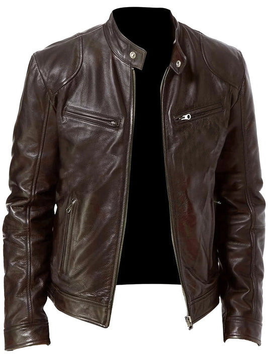 Men's Stand Collar Faux Leather Jacket – Slim Zip Front