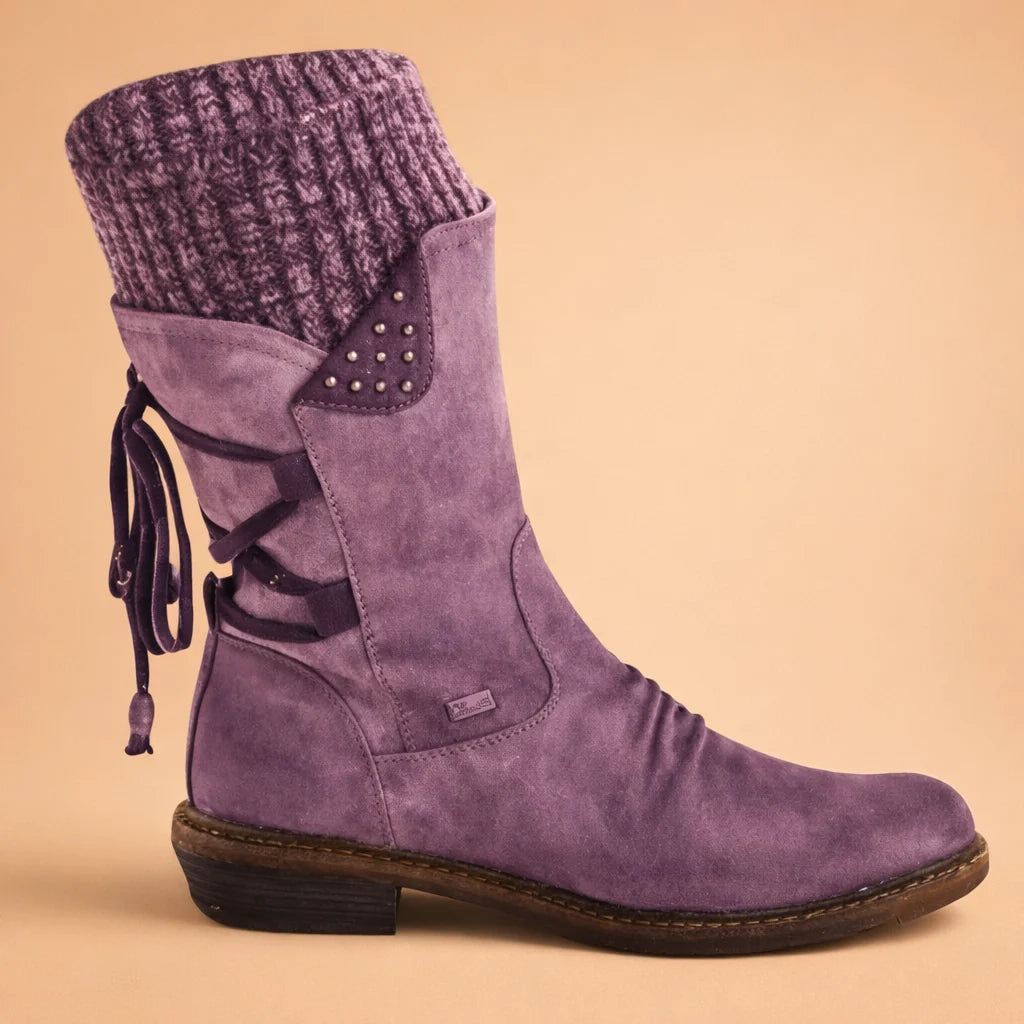 Women's Vegan Leather Boots – Back Lace-Up Mid-Calf