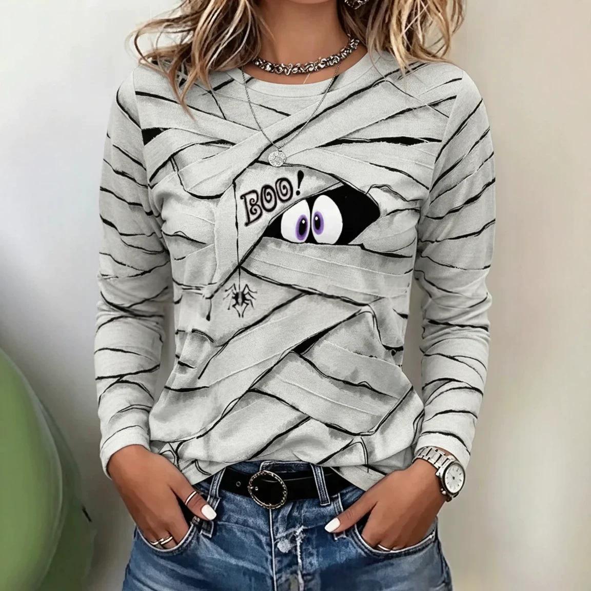 Women's Printed Long-Sleeve Top – Relaxed Crew Neck