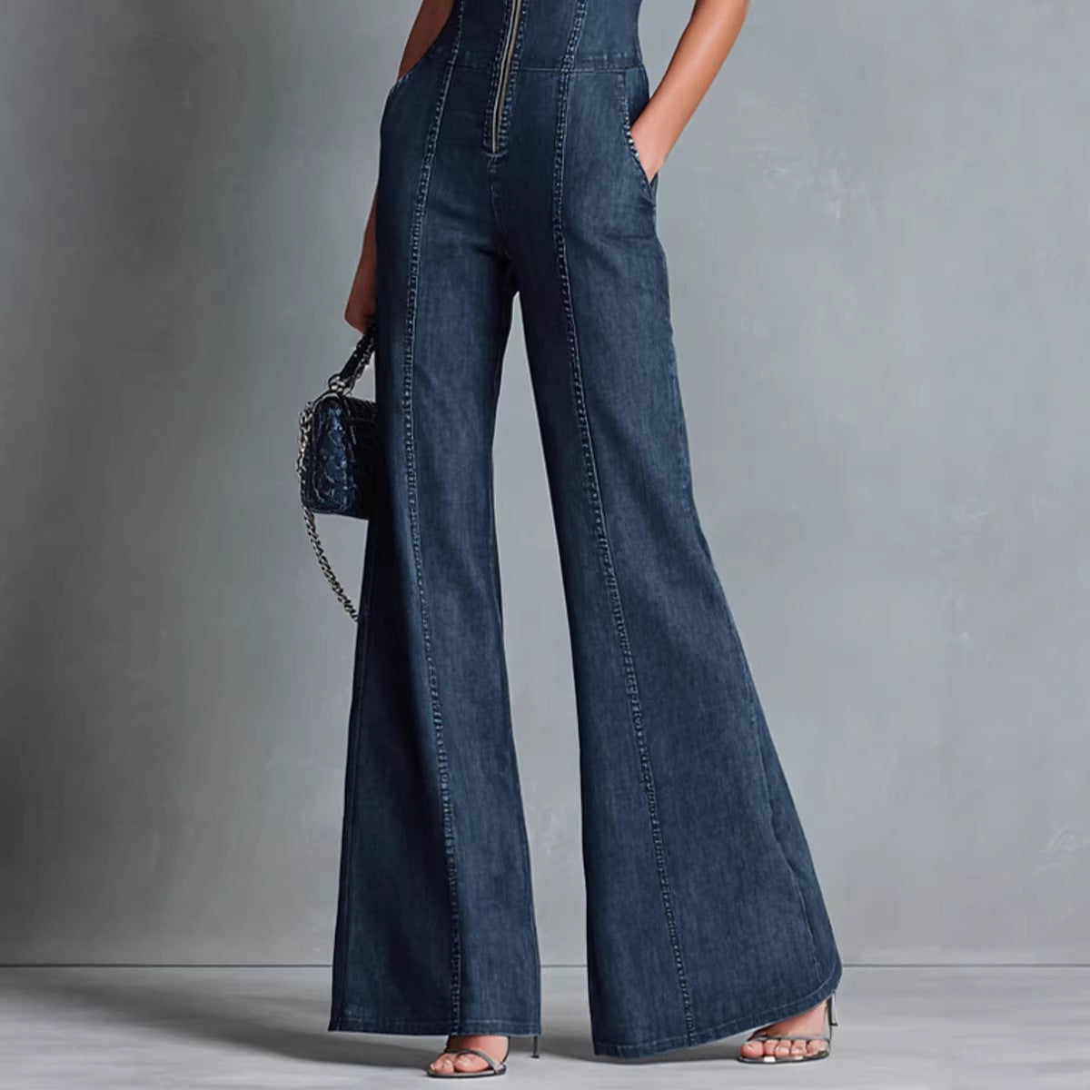 Women's Denim Jumpsuit – Sleeveless High Neck Zip Front