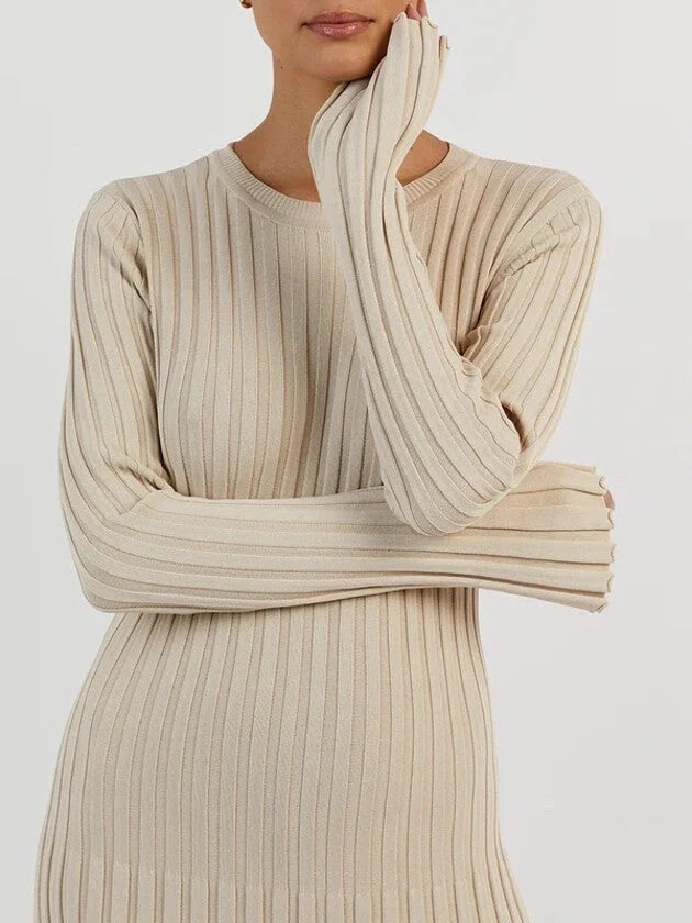Women's Ribbed Knit Maxi Dress – A-Line Long Sleeve