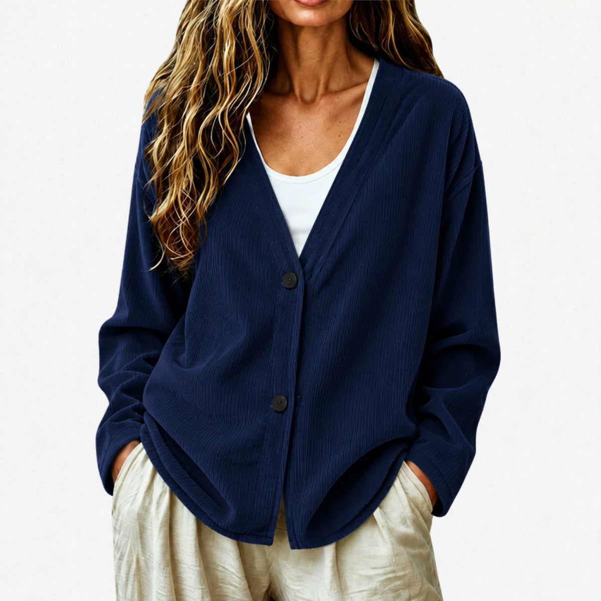 Women's Ribbed Knit Cardigan – Relaxed V-Neck Fit