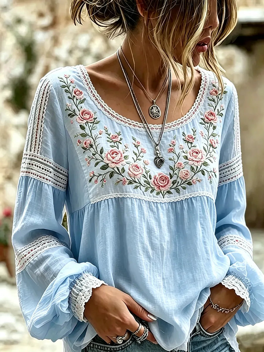 Women's Embroidered Linen-Blend Blouse – Relaxed Long Sleeve