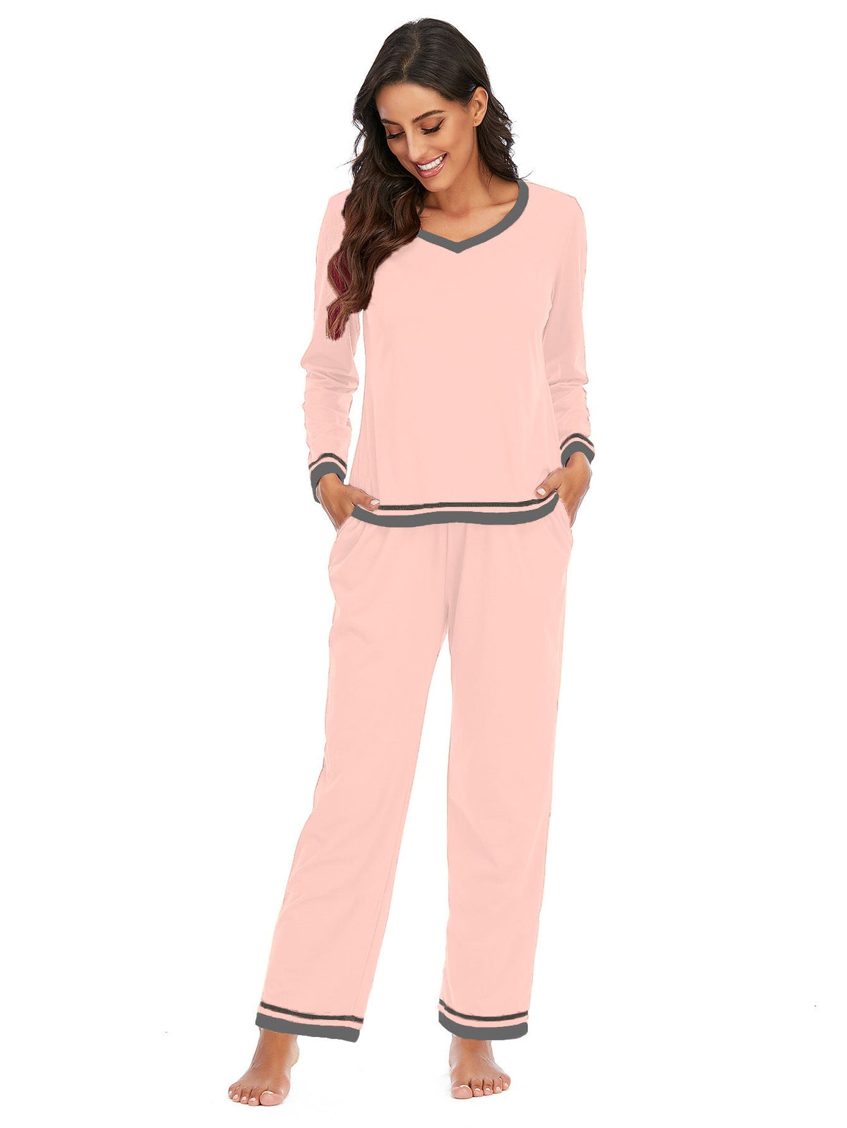 Women's Cotton Pajama Set – Long Sleeve V-Neck