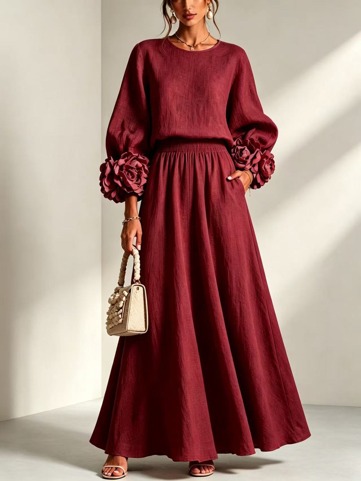 Women's Puff Sleeve Skirt Set – Rose Detail A-Line