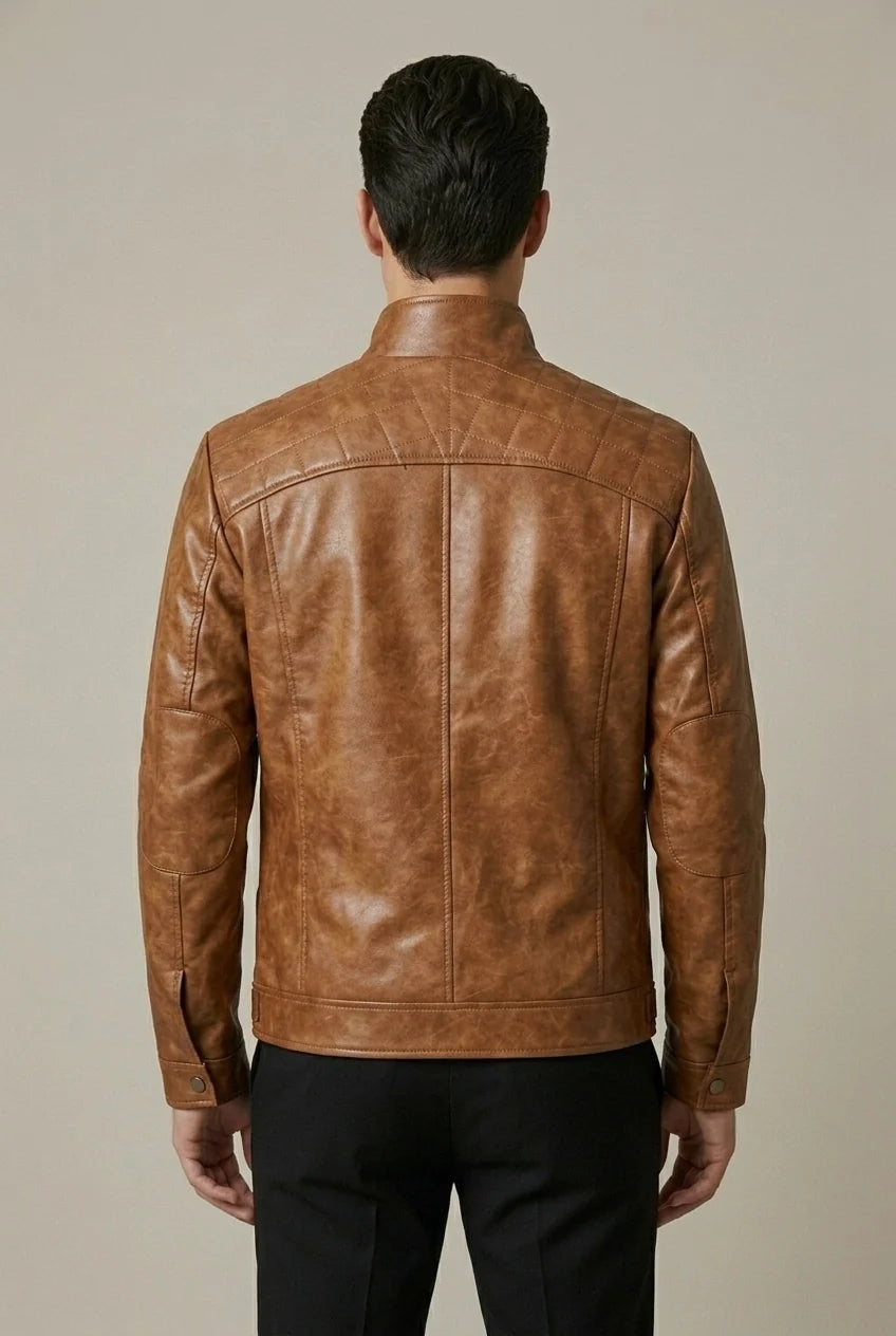 Men's Faux Leather Jacket – Stand Collar Zip Front