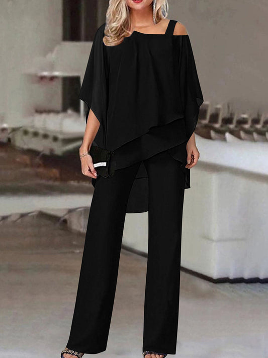 Women's Two-Piece Set – Ruffled One-Shoulder Wide-Leg