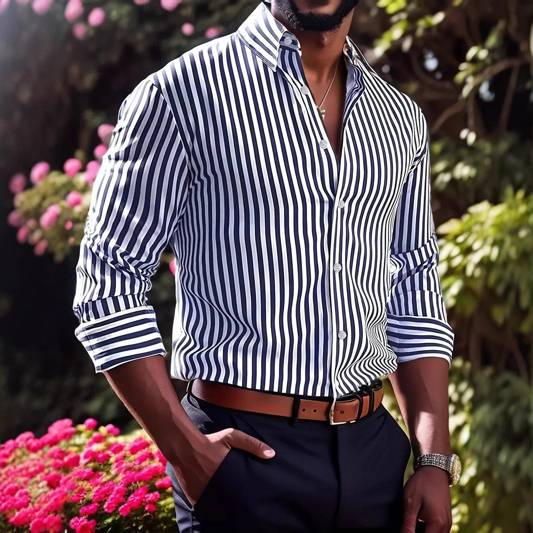 Men's Striped Button-Up Shirt – Lapel Collar Long Sleeve