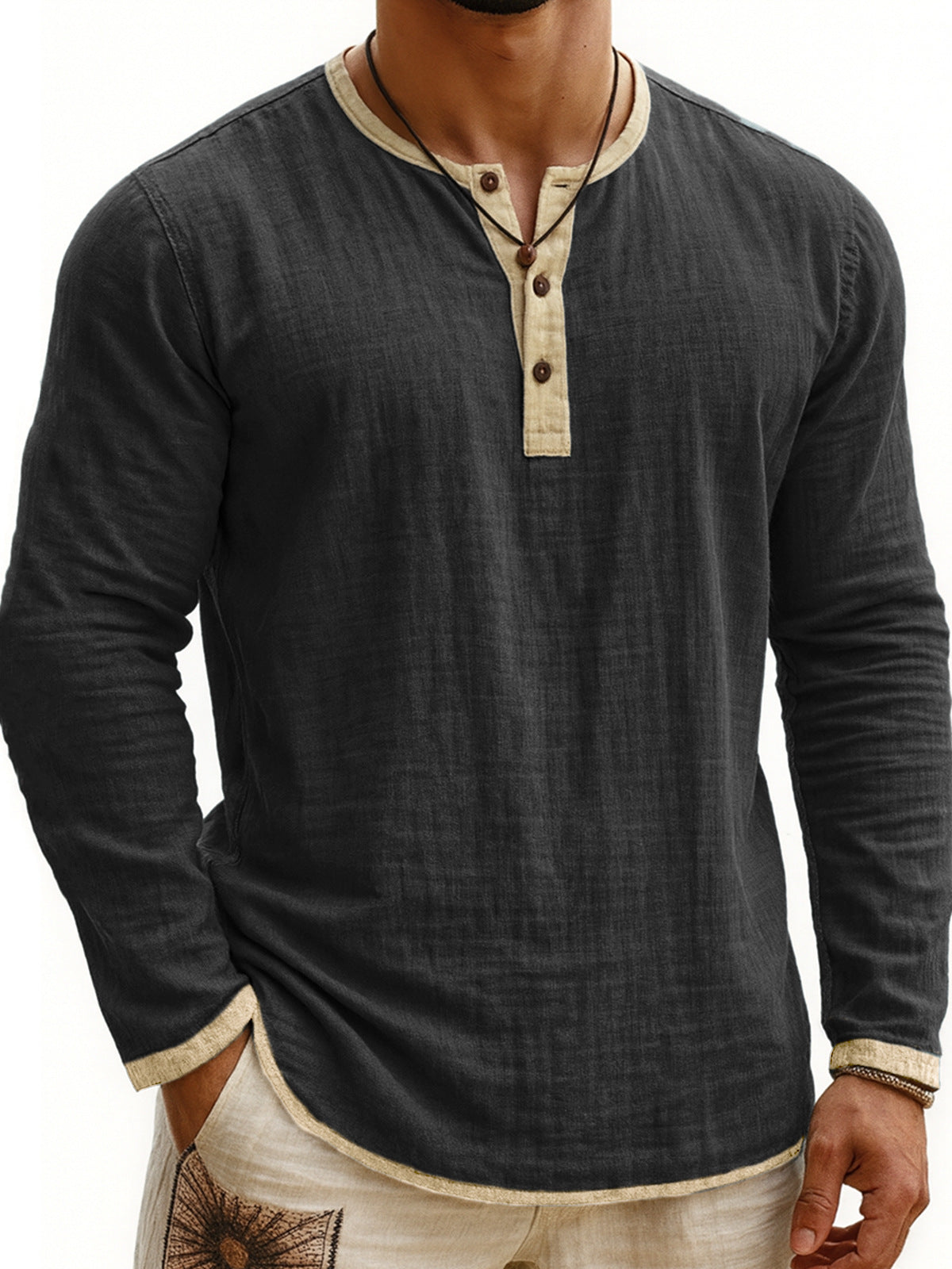 Men's Long Sleeve Henley Shirt – Slim Three-Button Placket
