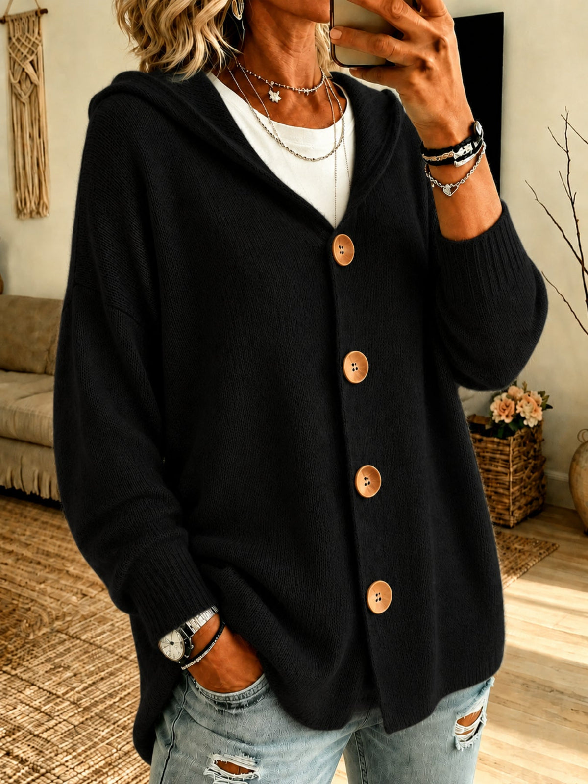 Women's Hooded Knit Jacket – Button-Front Relaxed Fit