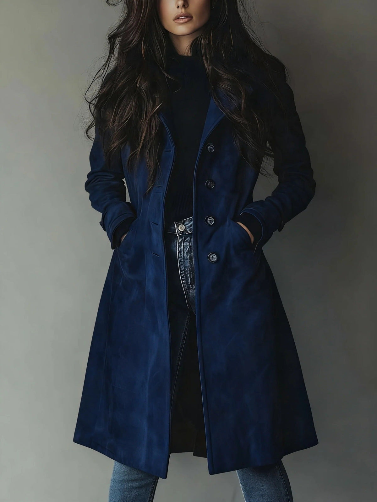 Women's Long Coat – Straight Cut with Flap Pockets