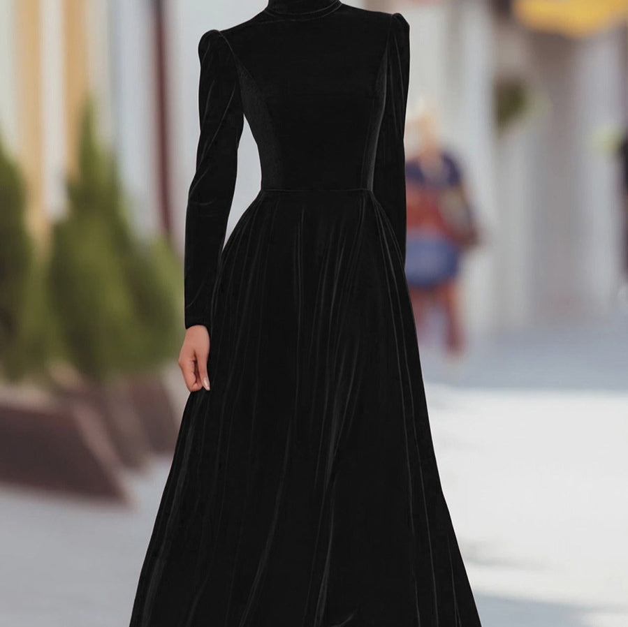 Women's High-Neck Maxi Dress – Puff Sleeve Flared Skirt