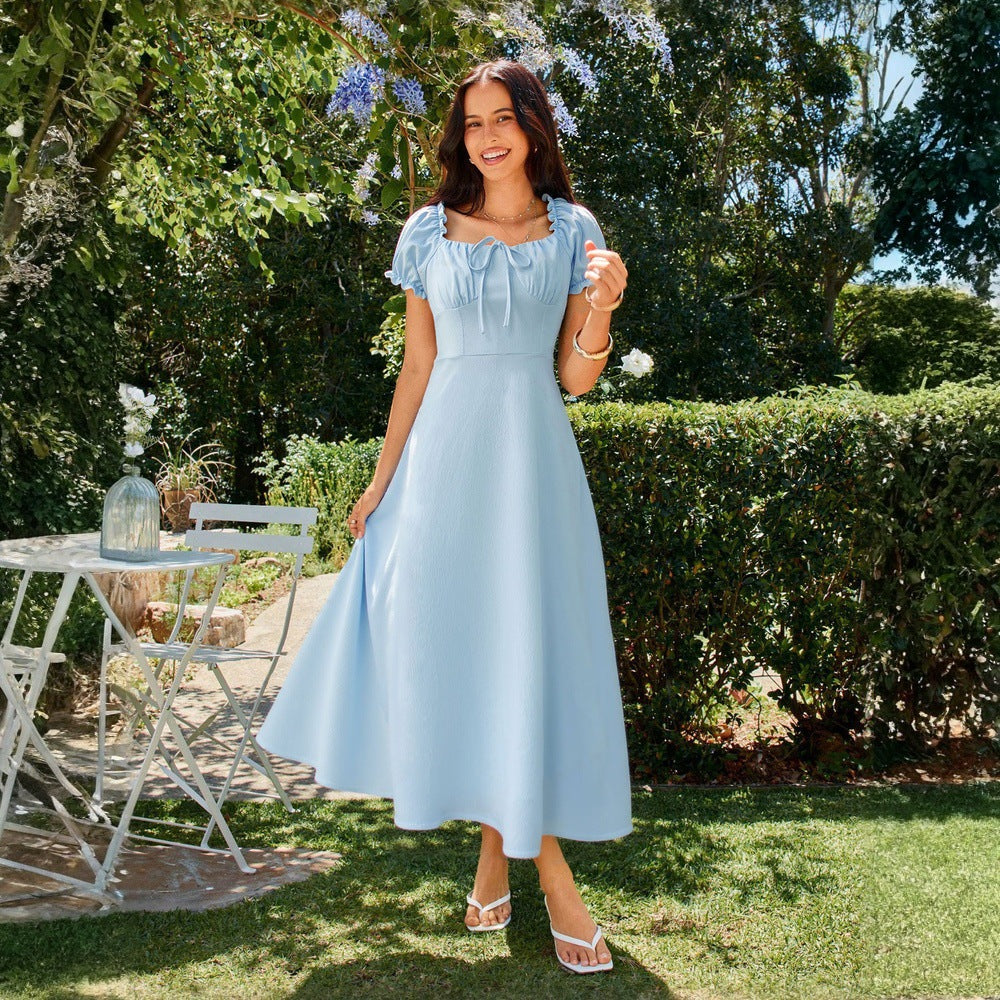 Women's Square-Neck Midi Dress – Lace-Up A-Line Fit