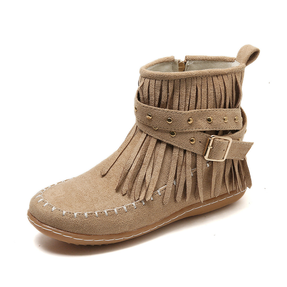 Women's Suede Ankle Boot – Fringe Trim Flat Heel