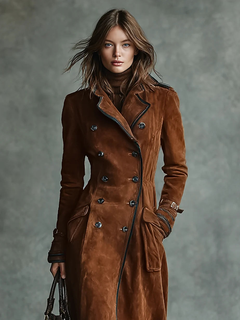 Women's Suede-Look Longline Coat – Tailored Lapel Open Front