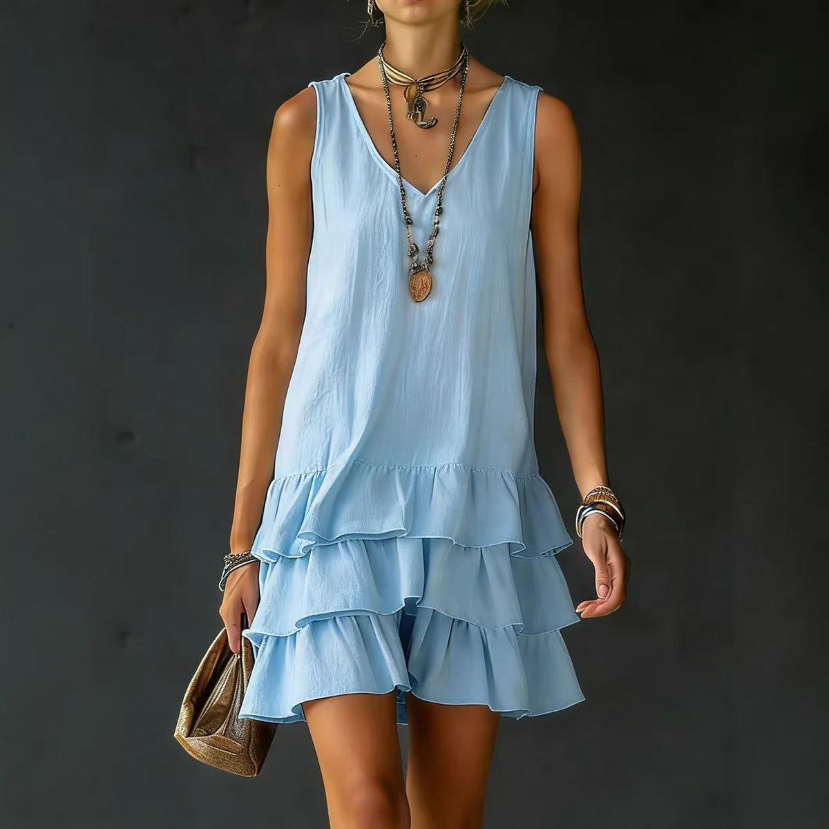 Women's Sleeveless Mini Dress – Tiered Ruffle Hem