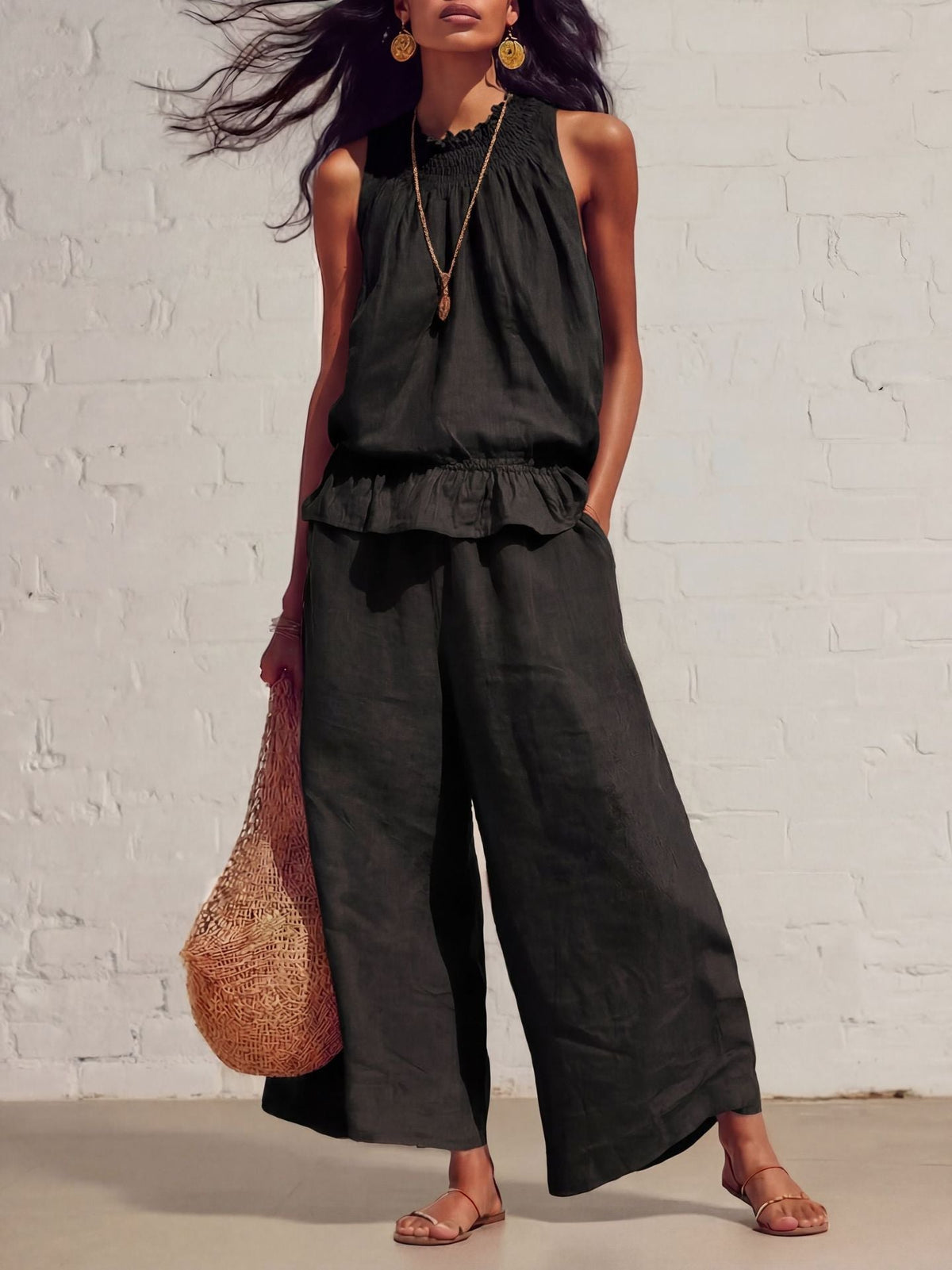 Women's Two-Piece Set – Ruffle Vest & Straight Pants