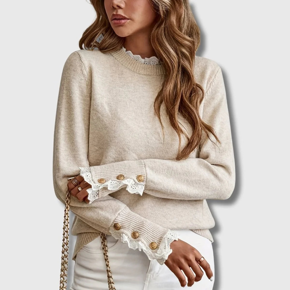 Women's Lace-Trim Knit Sweater – Ribbed Regular Fit