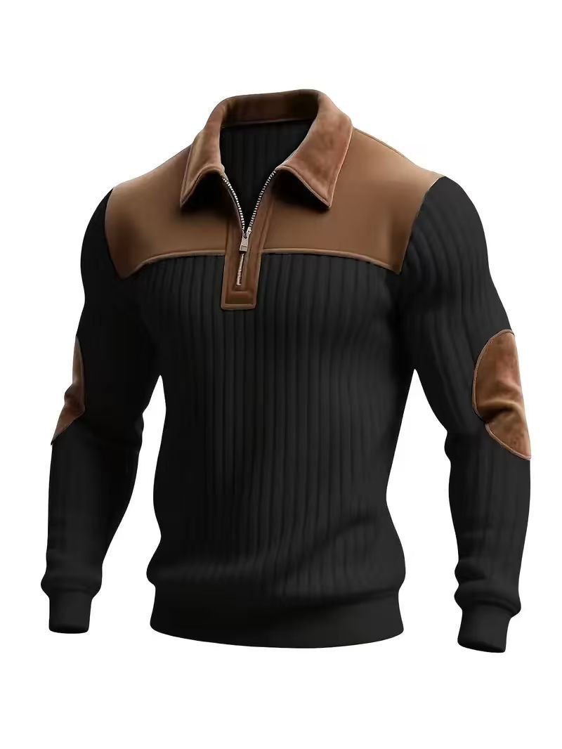 Men's Patchwork Knit Sweater – Notch Collar Zip Neck