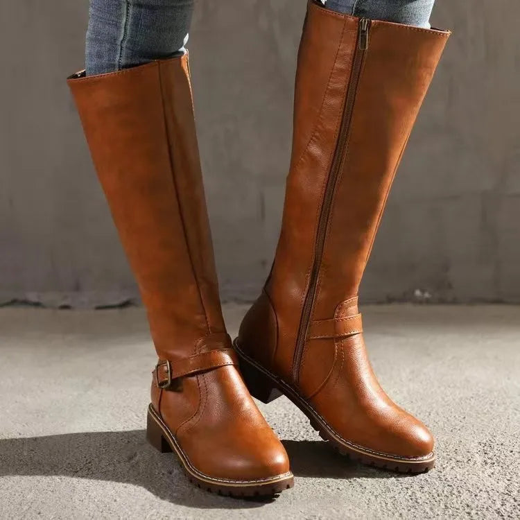 Women's Block Heel Boots – Mid-Calf Strap Detail