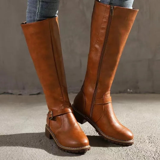 Women's Block Heel Boots – Mid-Calf Strap Detail