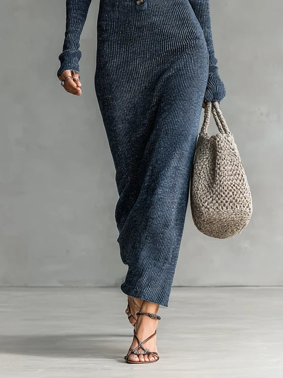Women's Hooded Knit Maxi Dress – Fitted Ribbed Silhouette