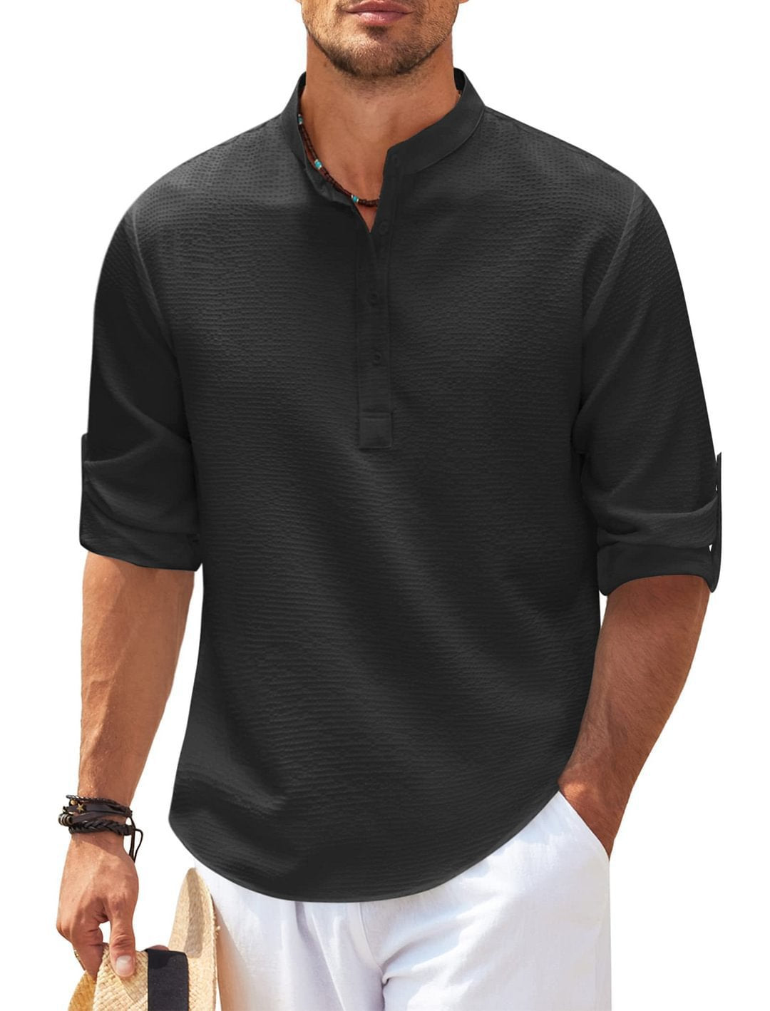 Men's Textured Button-Up Shirt – Stand Collar Regular Fit